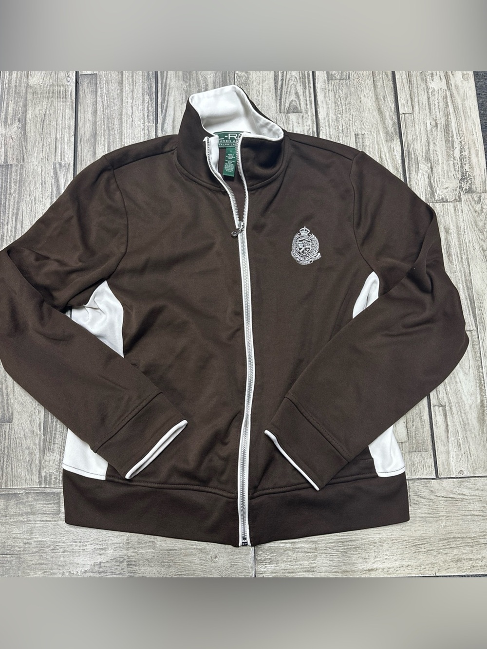 Womens Ralph Lauren Jacket L Brown White Full Zip Track Active Polo Logo